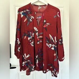 Free People Brick Red Floral Split-Neck Long Sleeve Tunic